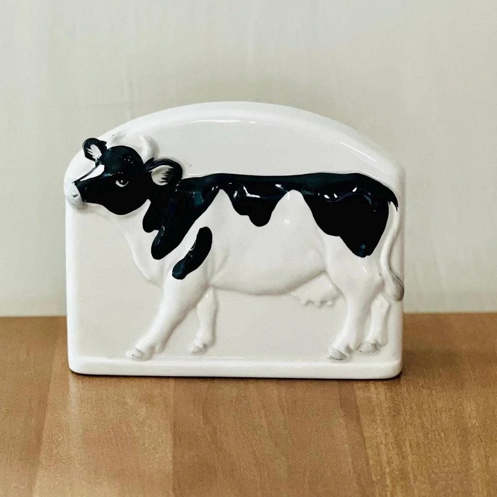 Vintage Otagiri Cow Napkin‎ Holder Black and white bull hand painted. Japan EUC